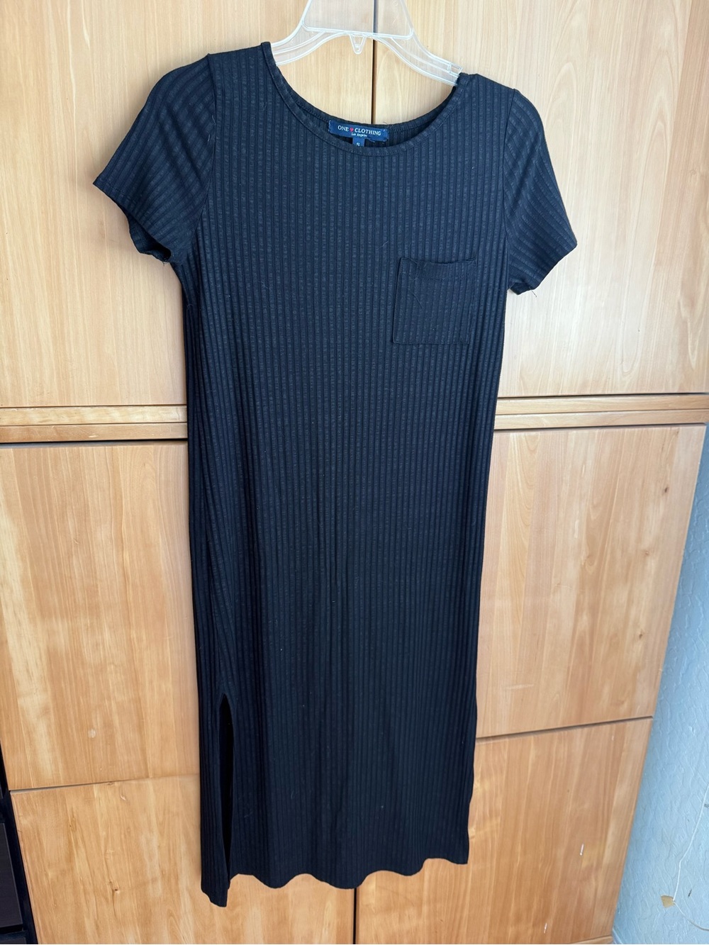 one clothing Black Ribbed Short-Sleeve Midi Dress with Side Slit